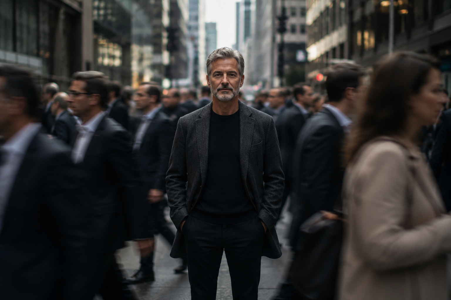 A composed European investor standing calmly amid a blurred crowd of suited professionals